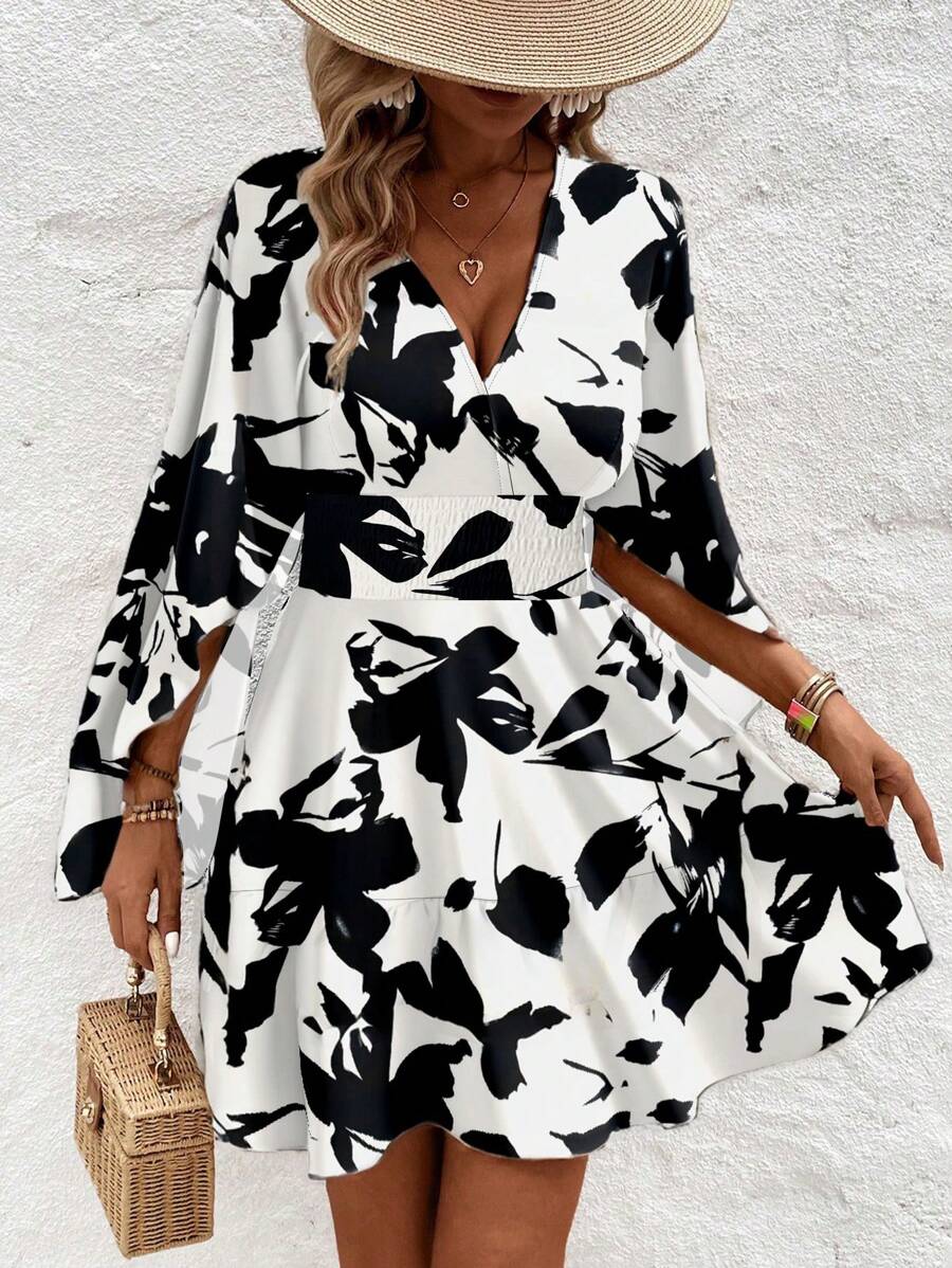 Women Holiday Full Printed V-Neck Cinching Waist Wrap Ruffle Hem Dress