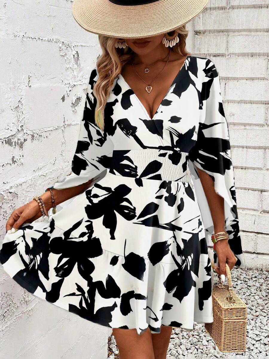 Women Holiday Full Printed V-Neck Cinching Waist Wrap Ruffle Hem Dress