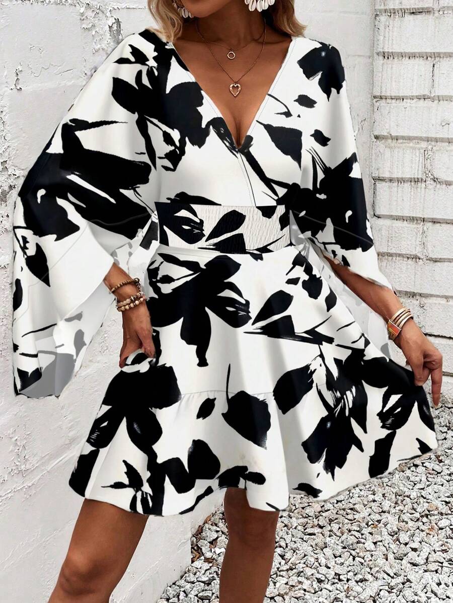 Women Holiday Full Printed V-Neck Cinching Waist Wrap Ruffle Hem Dress