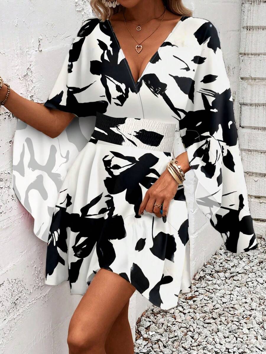 Women Holiday Full Printed V-Neck Cinching Waist Wrap Ruffle Hem Dress