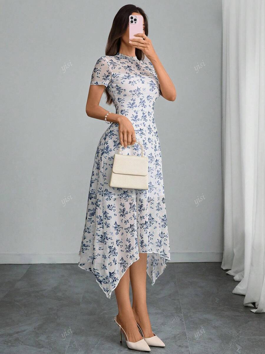 Women Gothic Vintage Dark Gothic Rose Print Mesh Contrast Double Layer High Neck Fit & Flare Asymmetric Hem Dress