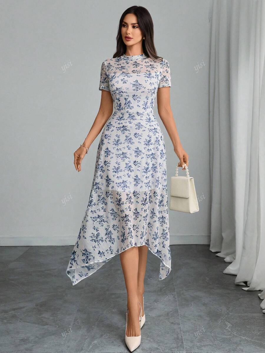 Women Gothic Vintage Dark Gothic Rose Print Mesh Contrast Double Layer High Neck Fit & Flare Asymmetric Hem Dress