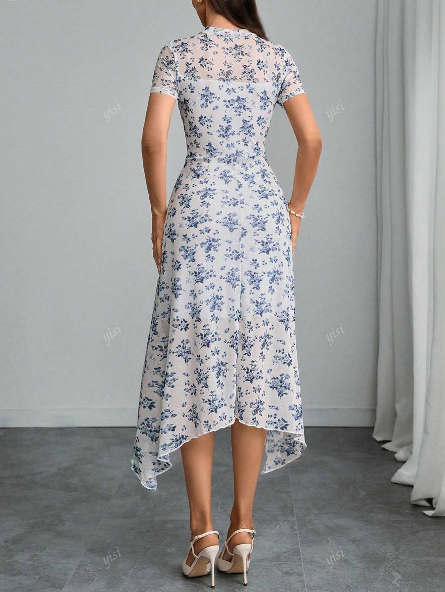 Women Gothic Vintage Dark Gothic Rose Print Mesh Contrast Double Layer High Neck Fit & Flare Asymmetric Hem Dress