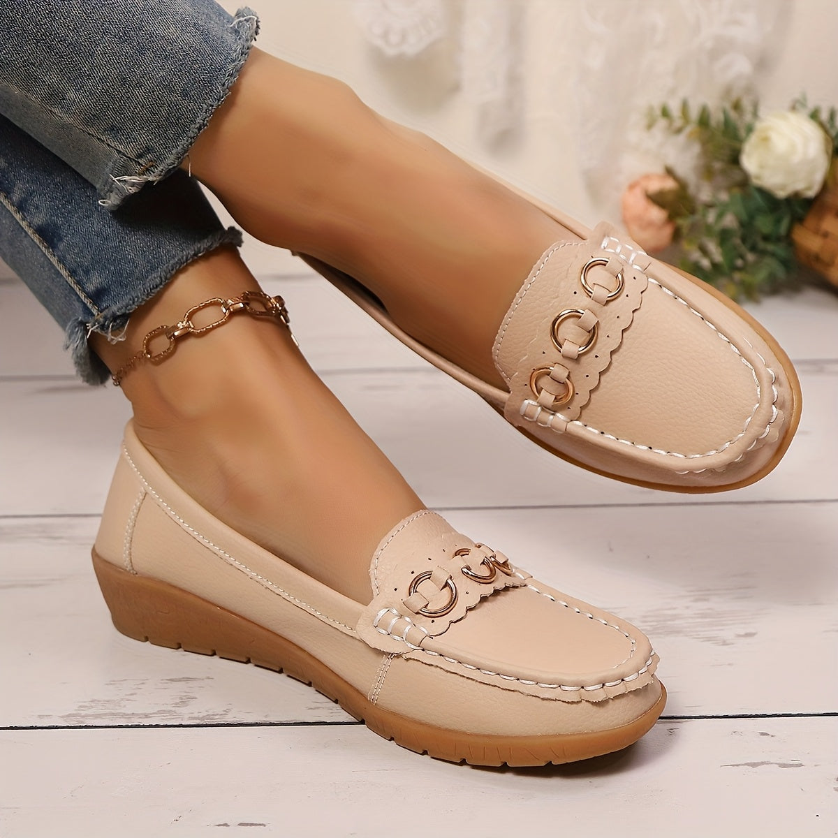 White Slip-On Loafers with Gold Accents - Casual Flat Shoes