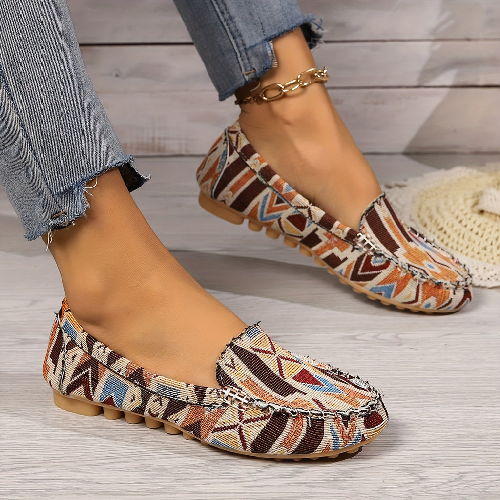 Women's Printed Flat Loafers - Casual Slip-On Closed Toe Shoes
