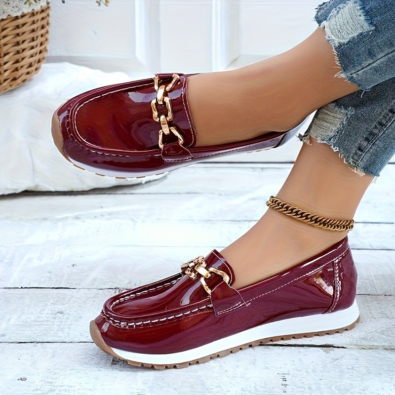 Red Faux Loafers with Gold Buckle - Slip-On Casual Flats