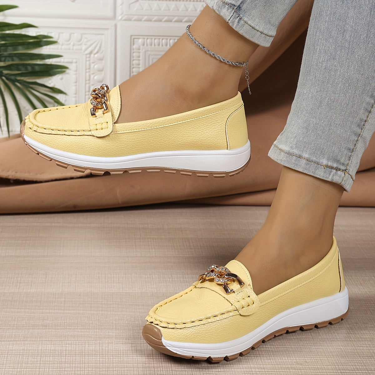 Women's Lightweight Slip-On Loafers - Mustard Yellow & White Casual Shoes