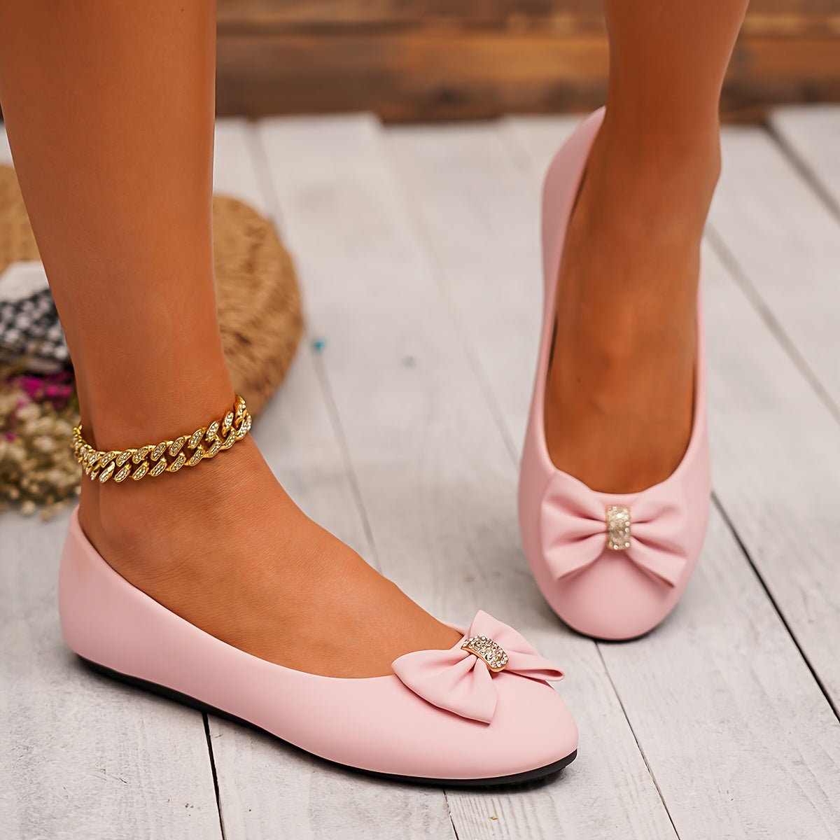 Women's Slip-On Glittery Bow Loafers - Comfortable Round-Toe Flats in White, Pink, and Brown