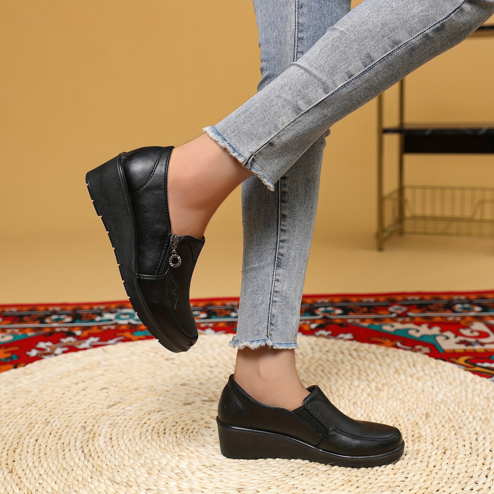 Women's Side Zipper Embroidered Loafers - Comfortable Round Toe Work Shoes
