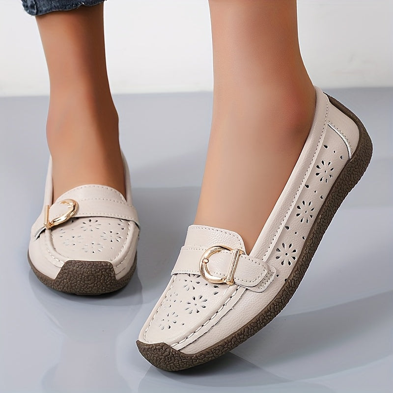 White Slip-On Loafers with Ventilation Holes & Gold Buckle - Lightweight Summer Shoes