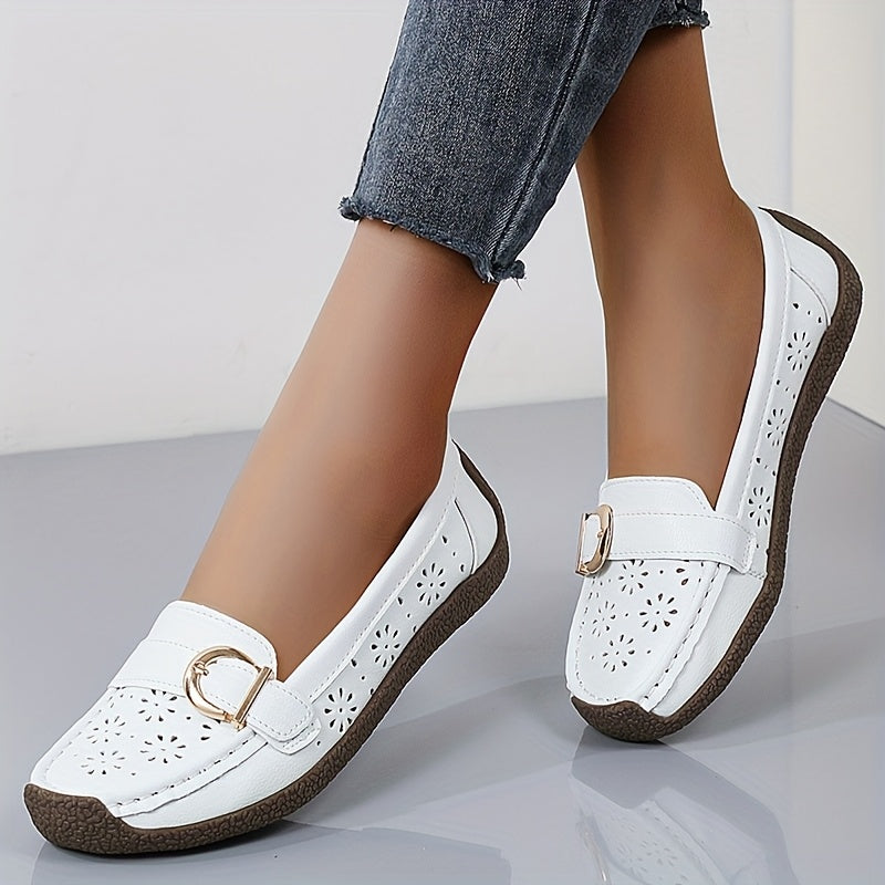 White Slip-On Loafers with Ventilation Holes & Gold Buckle - Lightweight Summer Shoes