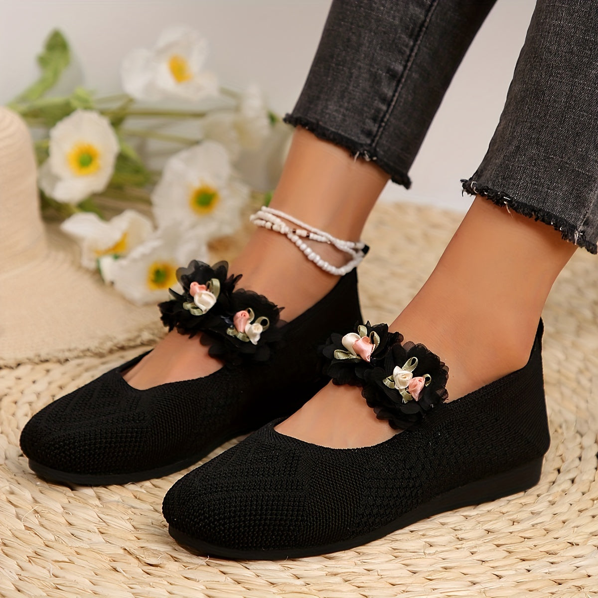 Floral Slip-On Round Toe Flats with Ankle Strap