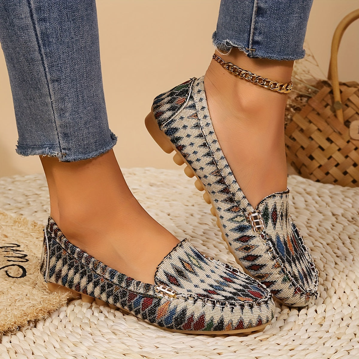 Women's Printed Flat Loafers - Casual Slip-On Closed Toe Shoes