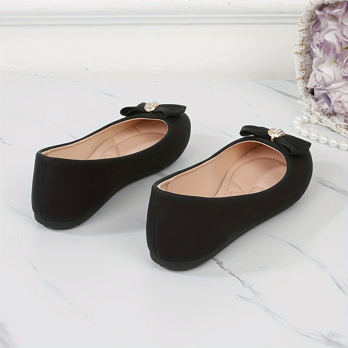 Women's Slip-On Glittery Bow Loafers - Comfortable Round-Toe Flats in White, Pink, and Brown