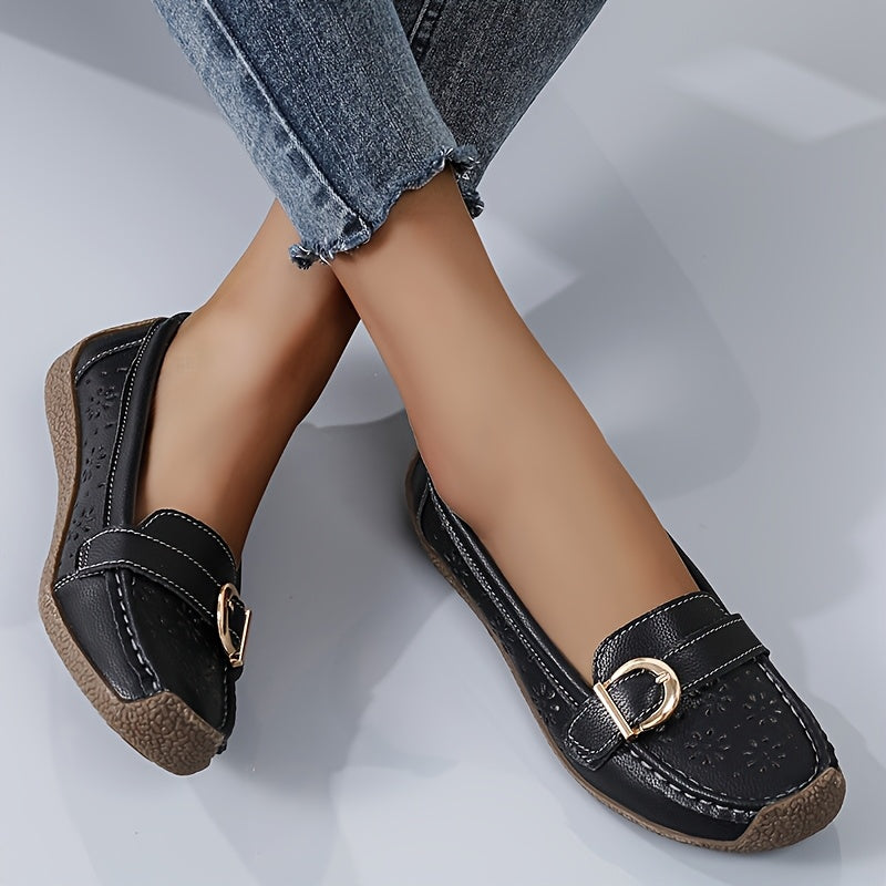White Slip-On Loafers with Ventilation Holes & Gold Buckle - Lightweight Summer Shoes