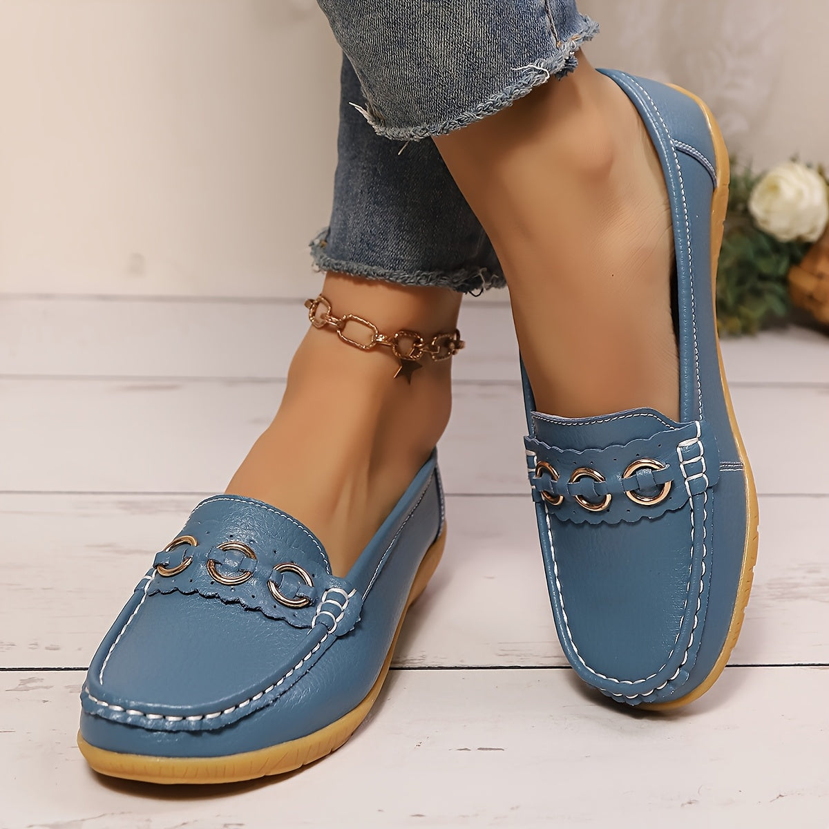 White Slip-On Loafers with Gold Accents - Casual Flat Shoes