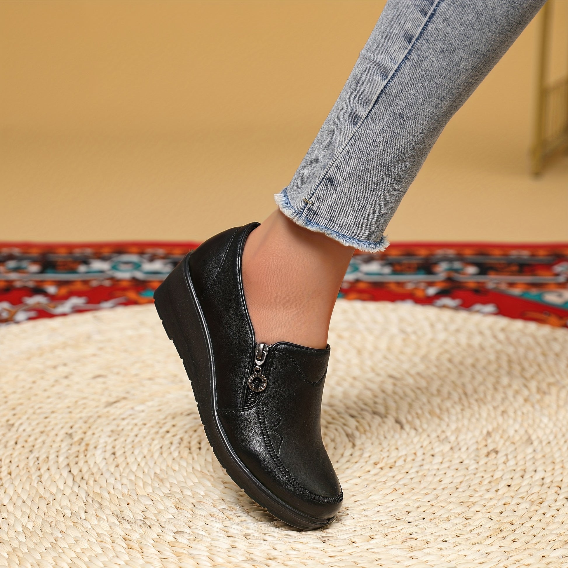 Women's Side Zipper Embroidered Loafers - Comfortable Round Toe Work Shoes