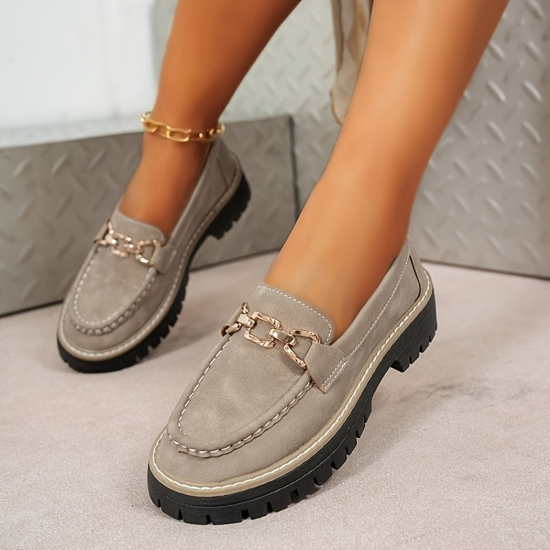 Red Faux Loafers with Gold Buckle - Slip-On Casual Flats