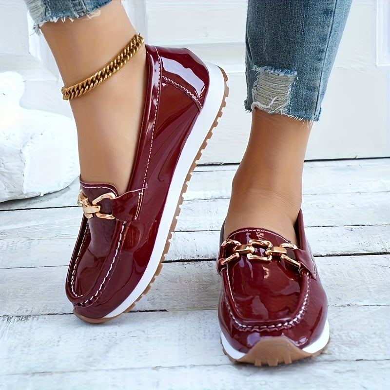 Red Faux Loafers with Gold Buckle - Slip-On Casual Flats