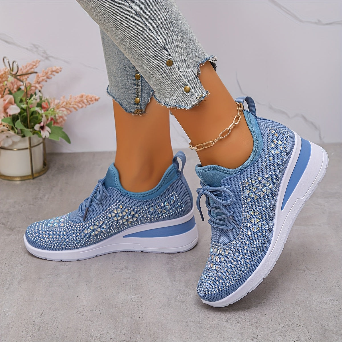 Rhinestone-Embellished Black Sneakers - Comfortable Low-Top Lace-Up Casual Shoes