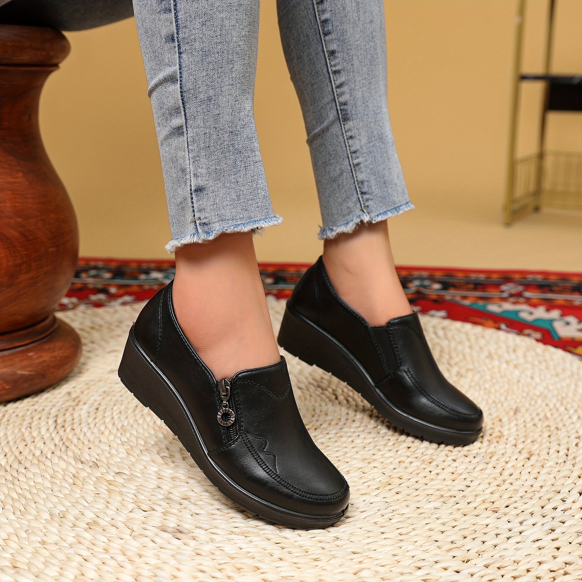 Women's Side Zipper Embroidered Loafers - Comfortable Round Toe Work Shoes