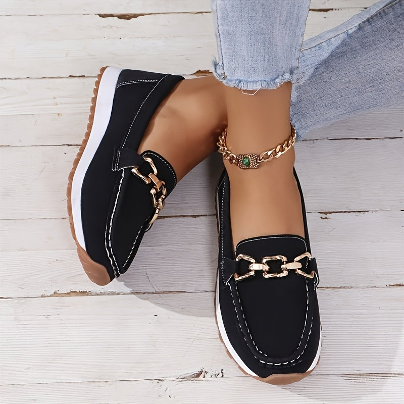 Red Faux Loafers with Gold Buckle - Slip-On Casual Flats