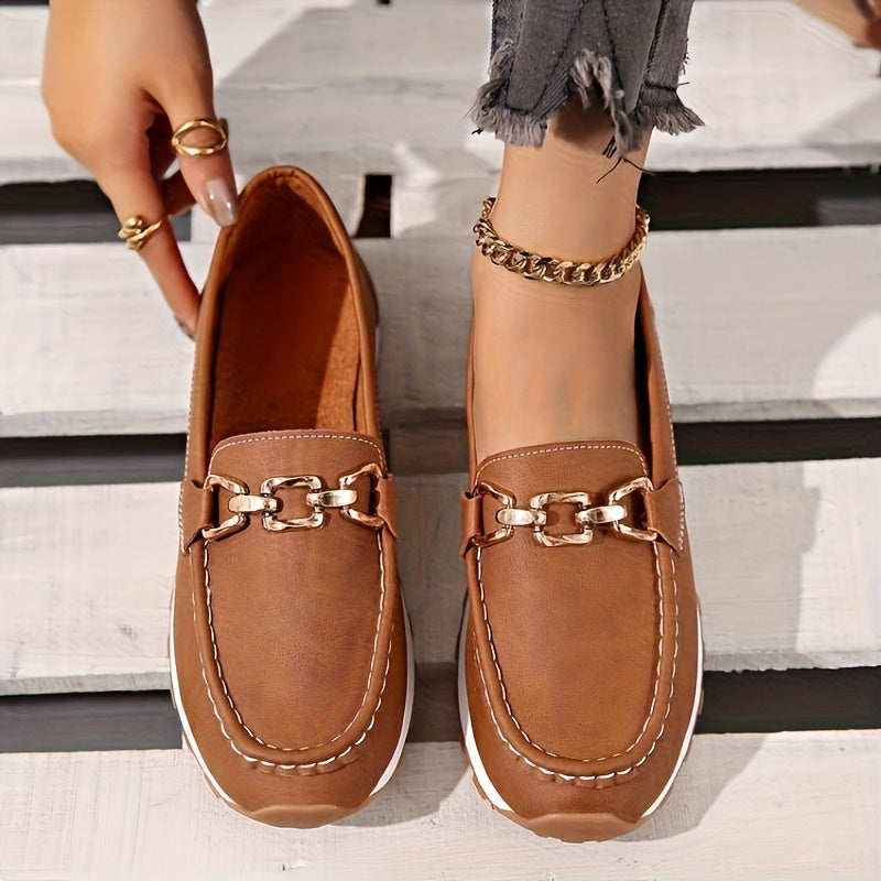 Red Faux Loafers with Gold Buckle - Slip-On Casual Flats