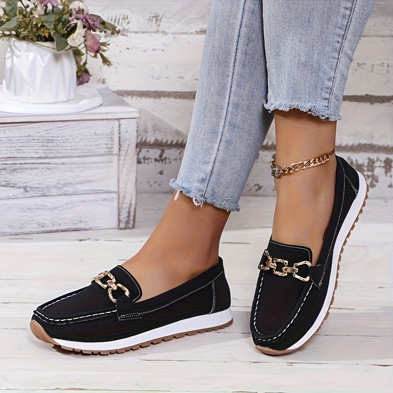 Red Faux Loafers with Gold Buckle - Slip-On Casual Flats