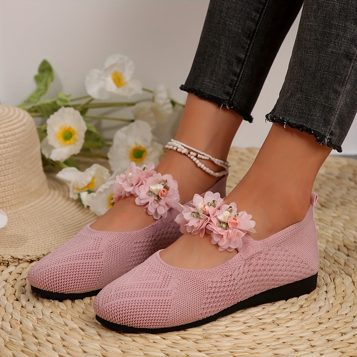 Floral Slip-On Round Toe Flats with Ankle Strap