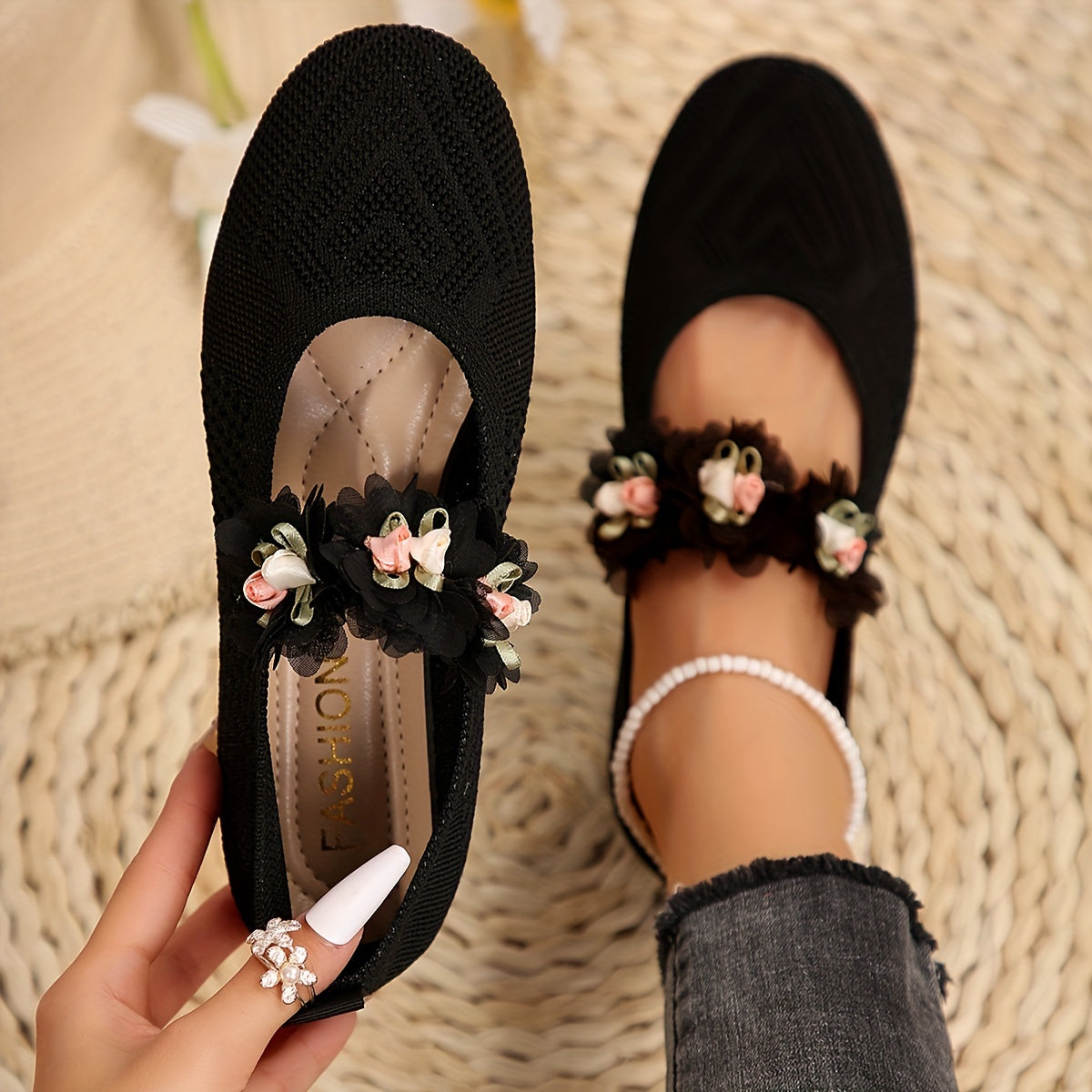 Floral Slip-On Round Toe Flats with Ankle Strap