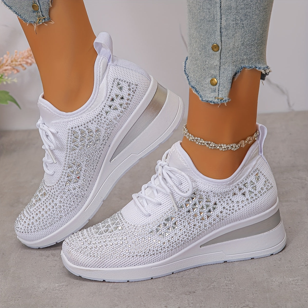 Rhinestone-Embellished Black Sneakers - Comfortable Low-Top Lace-Up Casual Shoes