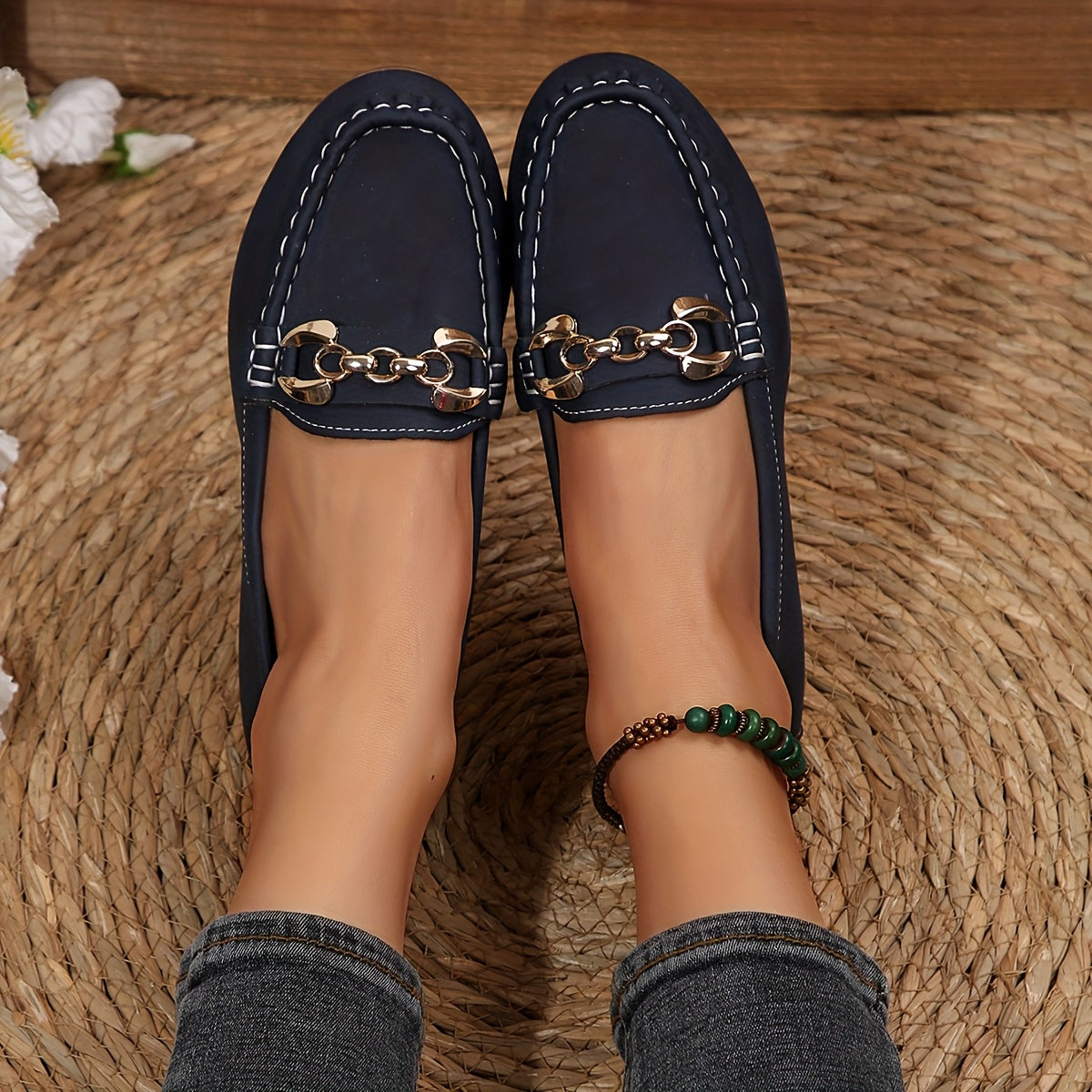 Women's Slip-On Loafers - Comfortable Flat Shoes with Metallic Buckle