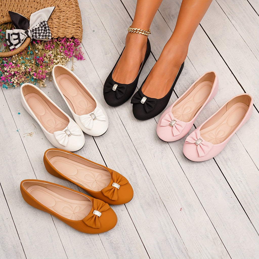 Women's Slip-On Glittery Bow Loafers - Comfortable Round-Toe Flats in White, Pink, and Brown