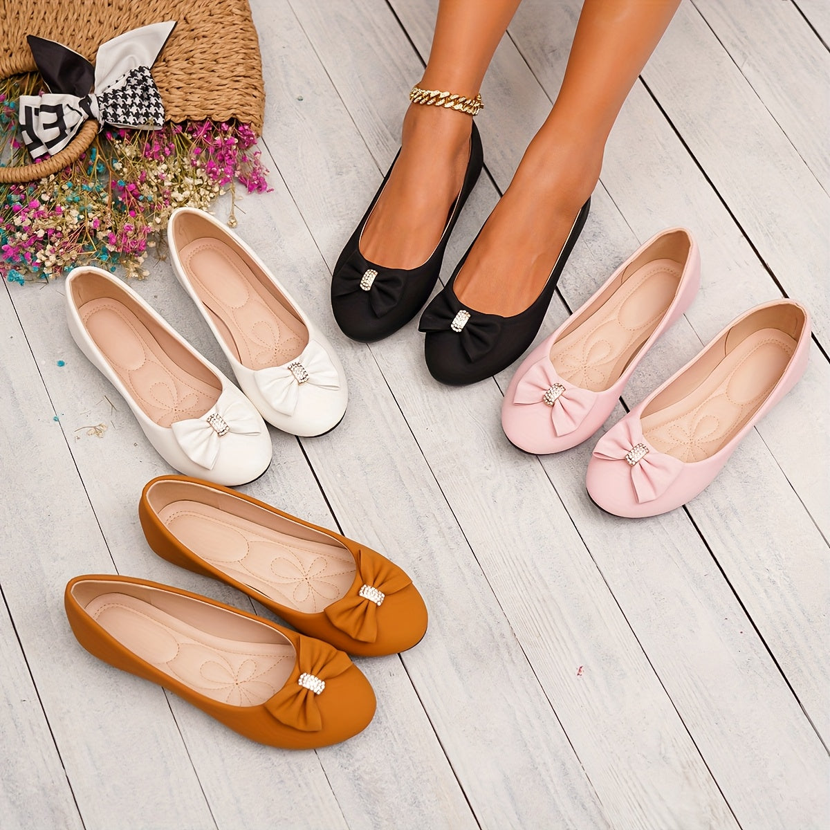 Women's Slip-On Glittery Bow Loafers - Comfortable Round-Toe Flats in White, Pink, and Brown