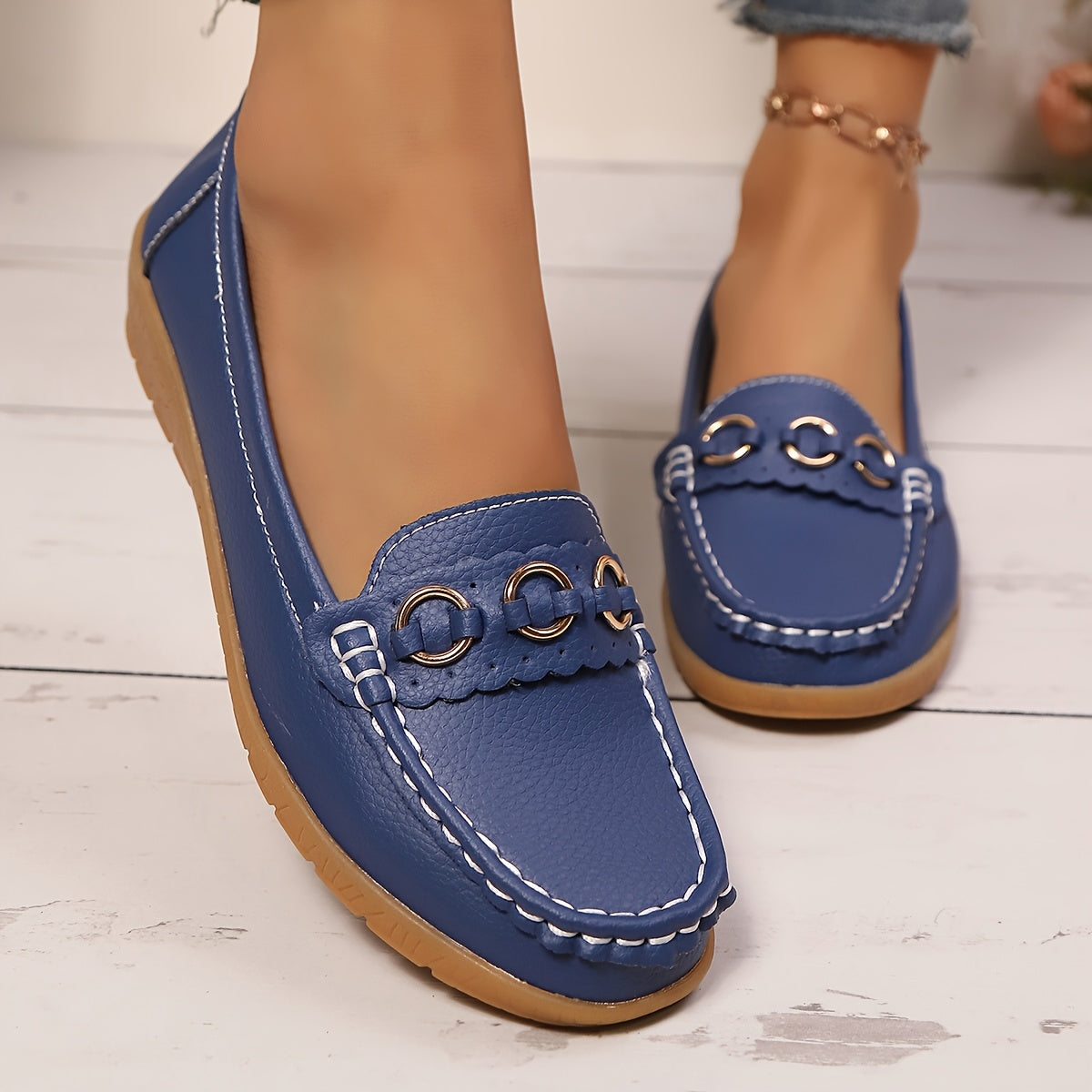 White Slip-On Loafers with Gold Accents - Casual Flat Shoes