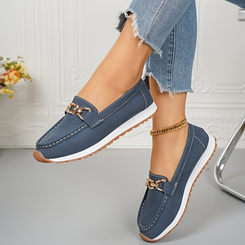 Red Faux Loafers with Gold Buckle - Slip-On Casual Flats