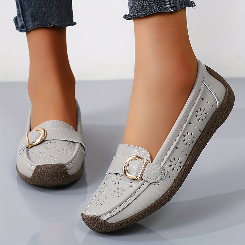 White Slip-On Loafers with Ventilation Holes & Gold Buckle - Lightweight Summer Shoes