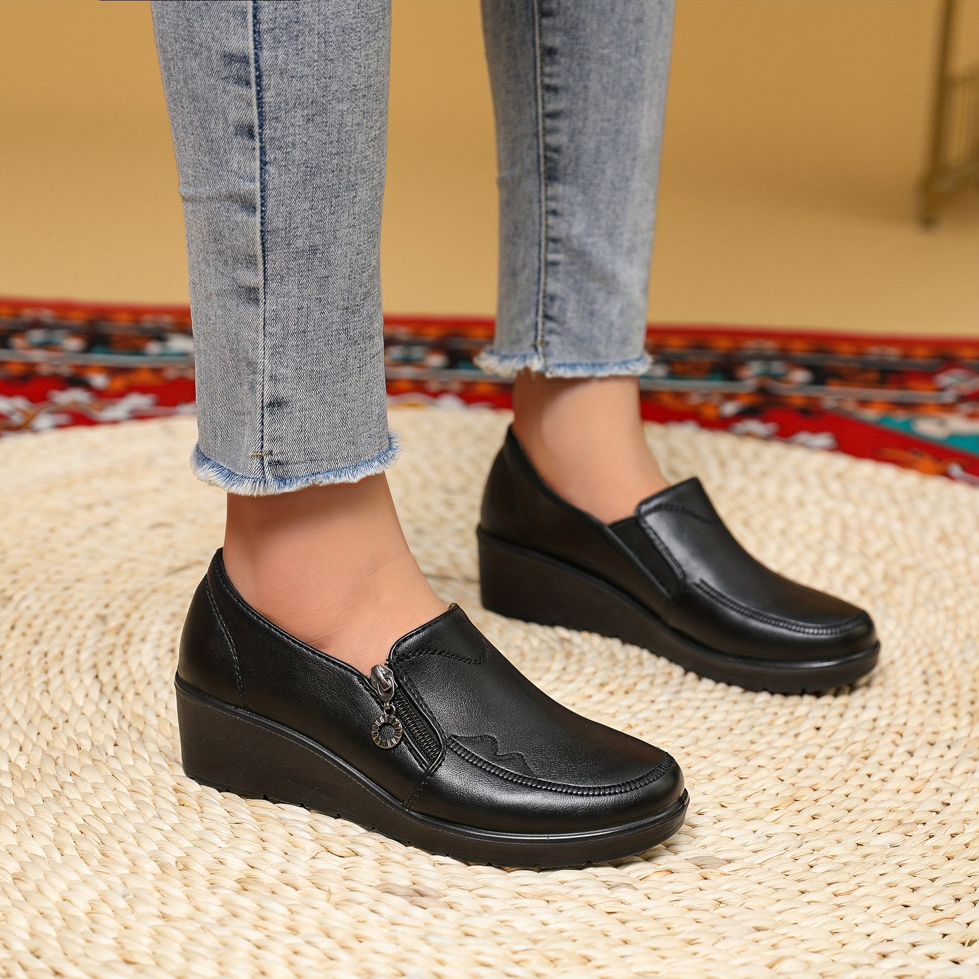 Women's Side Zipper Embroidered Loafers - Comfortable Round Toe Work Shoes