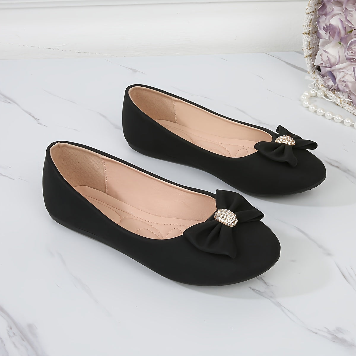 Women's Slip-On Glittery Bow Loafers - Comfortable Round-Toe Flats in White, Pink, and Brown