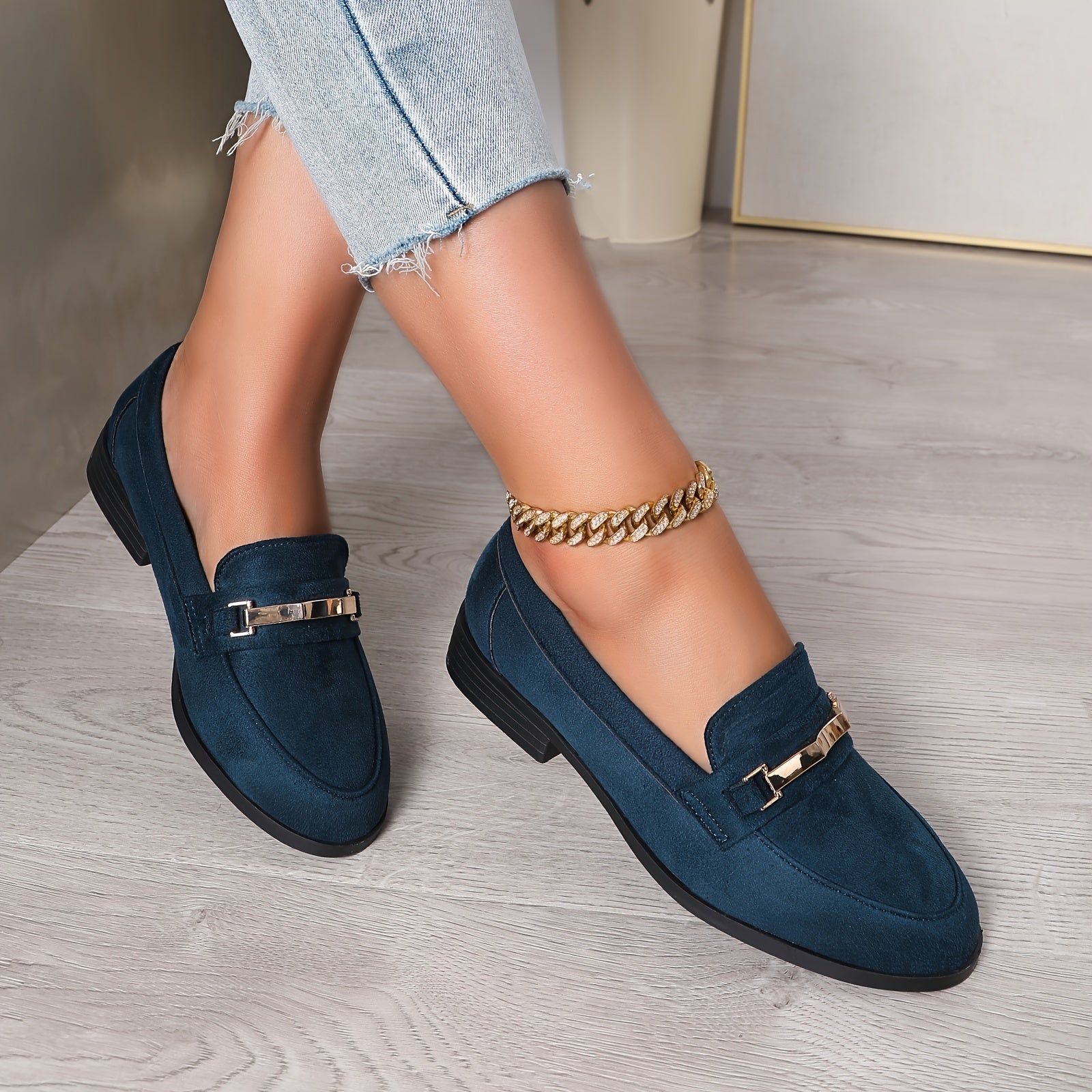 Chic Metallic Accent Women's Loafers - Breathable Slip-Ons in Solid Colors, British Style, Round Toe