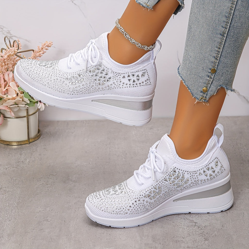 Rhinestone-Embellished Black Sneakers - Comfortable Low-Top Lace-Up Casual Shoes