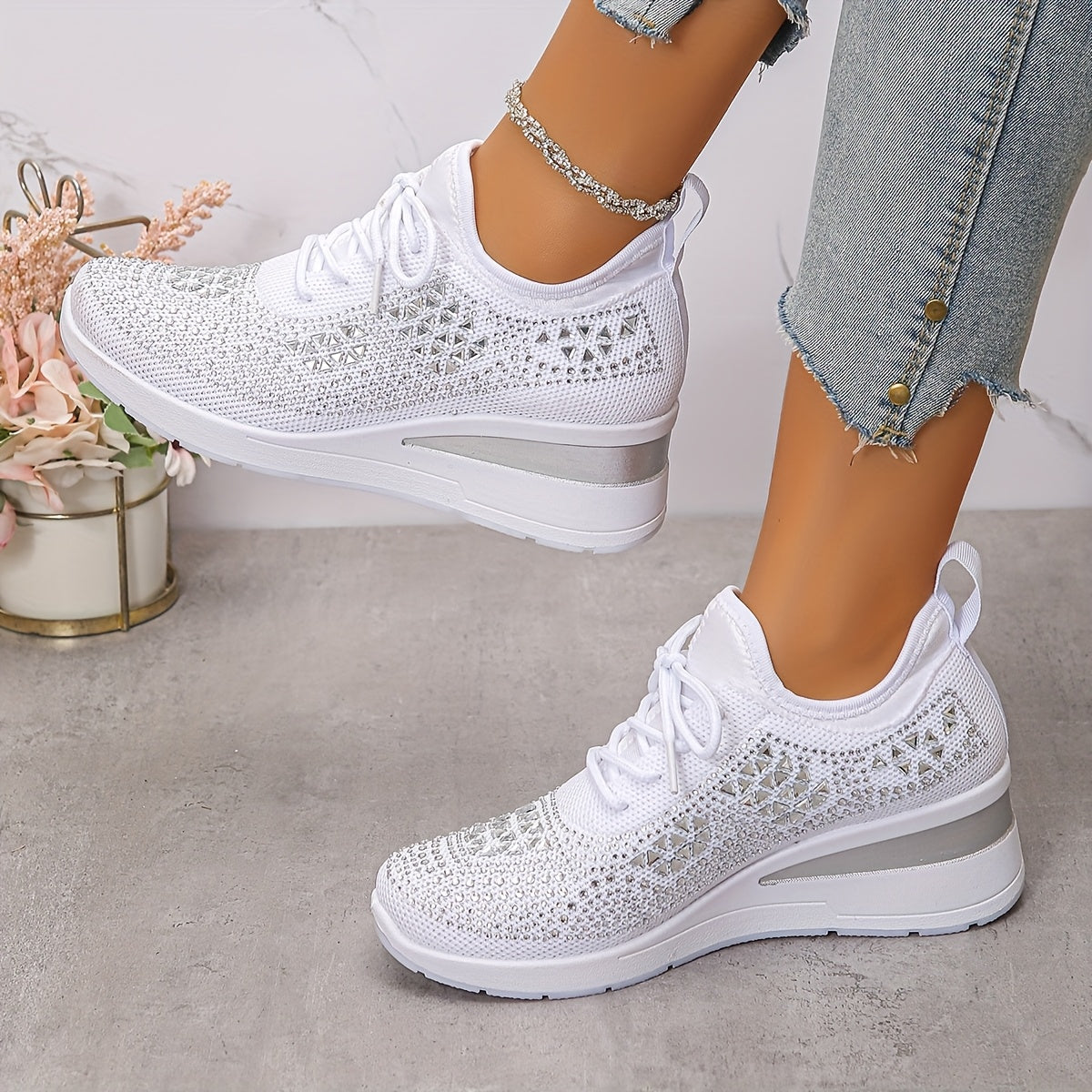 Rhinestone-Embellished Black Sneakers - Comfortable Low-Top Lace-Up Casual Shoes