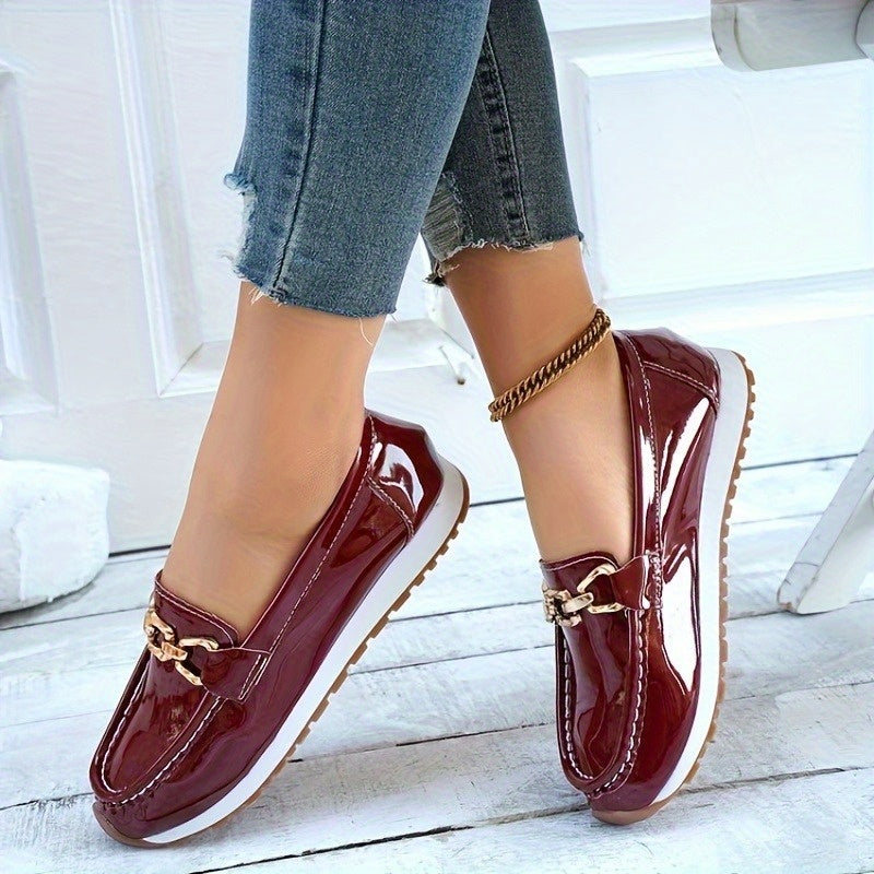 Red Faux Loafers with Gold Buckle - Slip-On Casual Flats