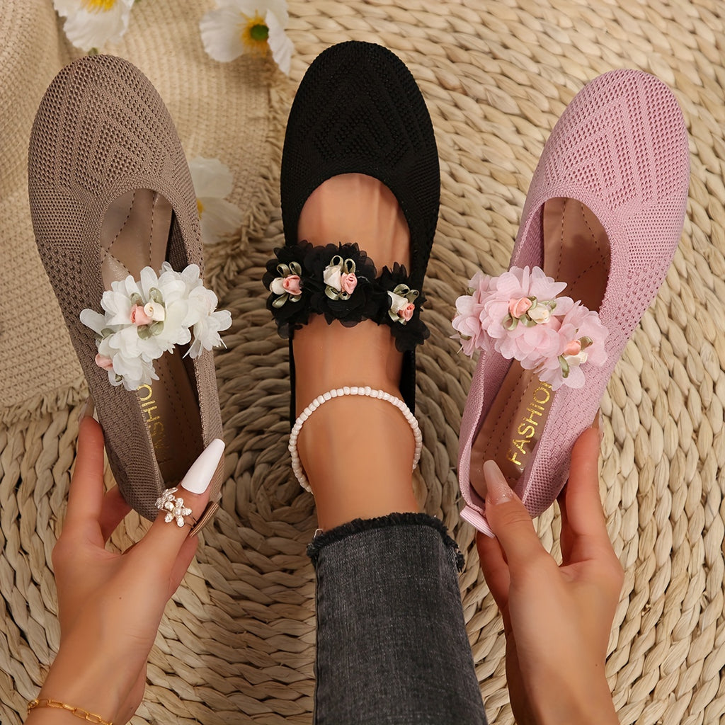 Floral Slip-On Round Toe Flats with Ankle Strap