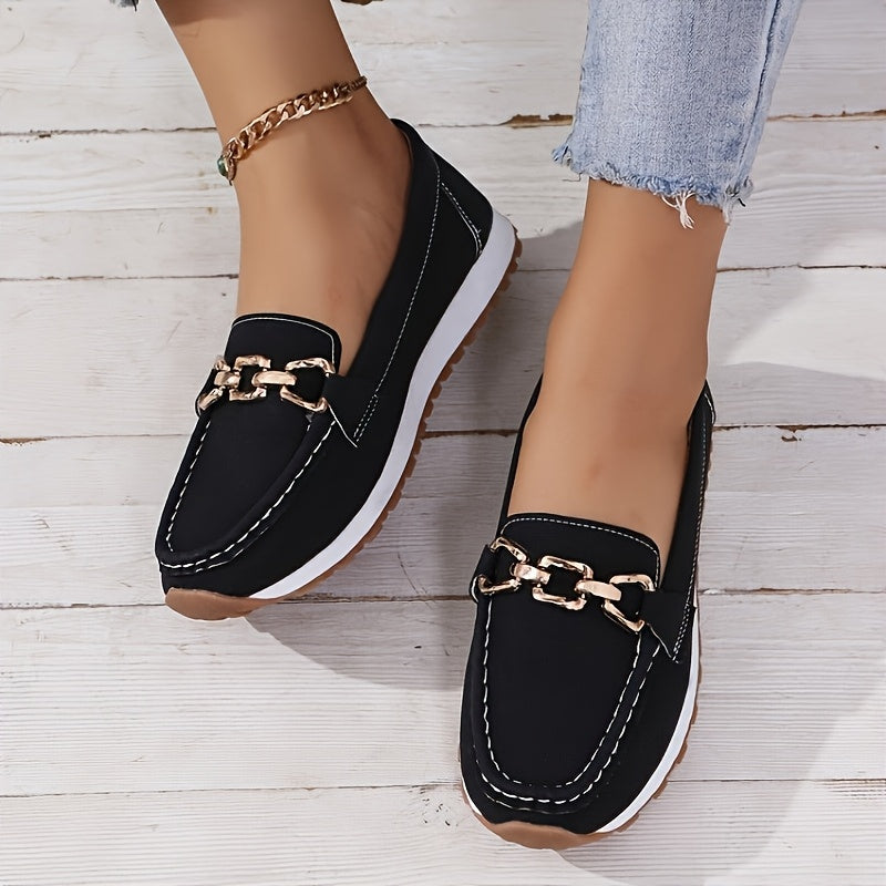 Red Faux Loafers with Gold Buckle - Slip-On Casual Flats