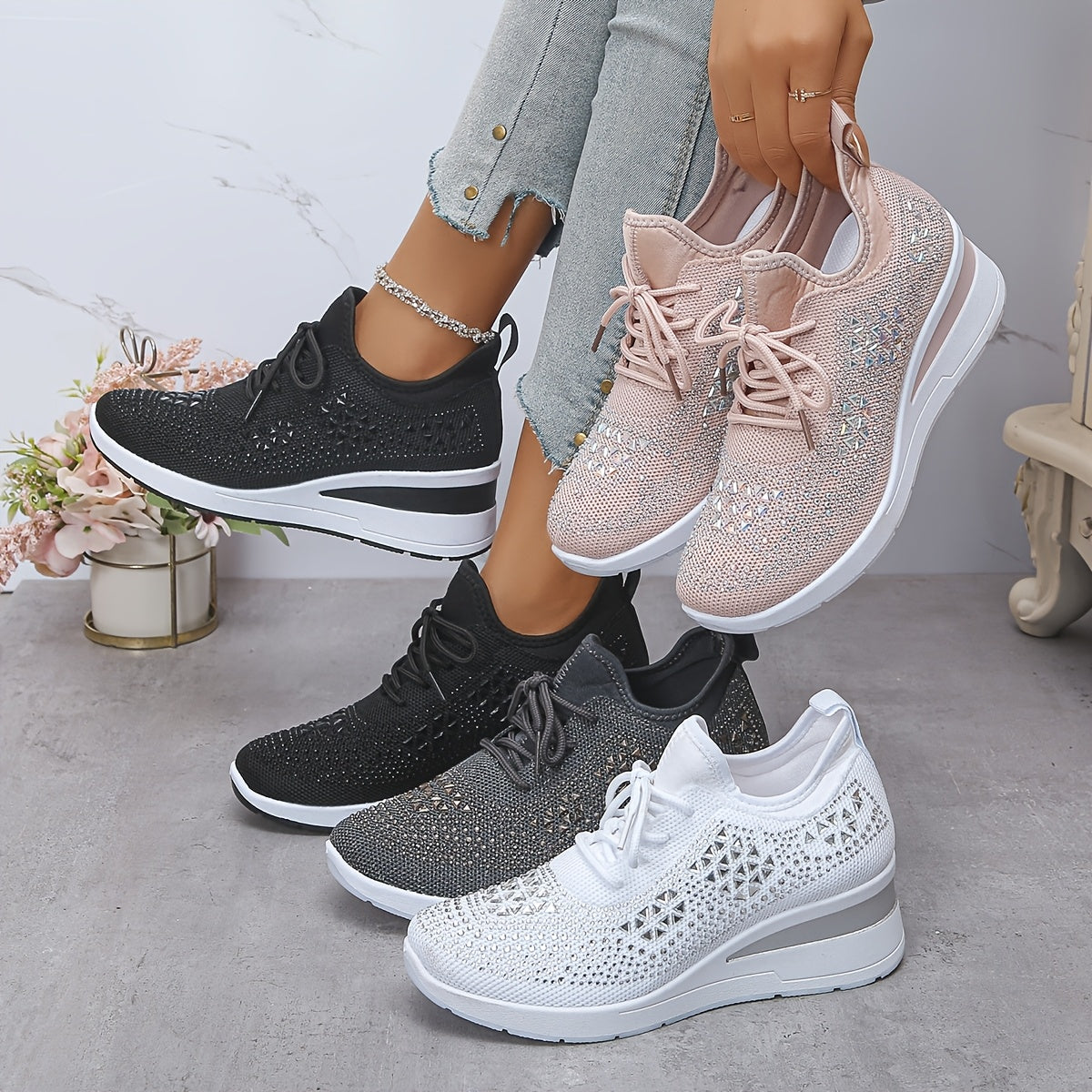 Rhinestone-Embellished Black Sneakers - Comfortable Low-Top Lace-Up Casual Shoes
