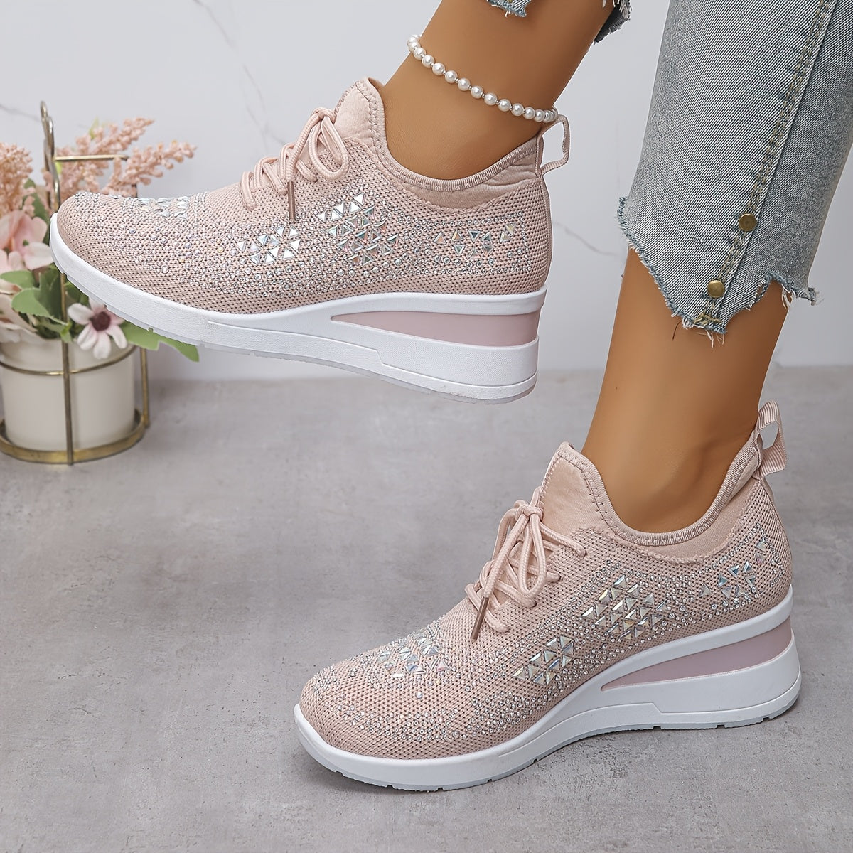 Rhinestone-Embellished Black Sneakers - Comfortable Low-Top Lace-Up Casual Shoes