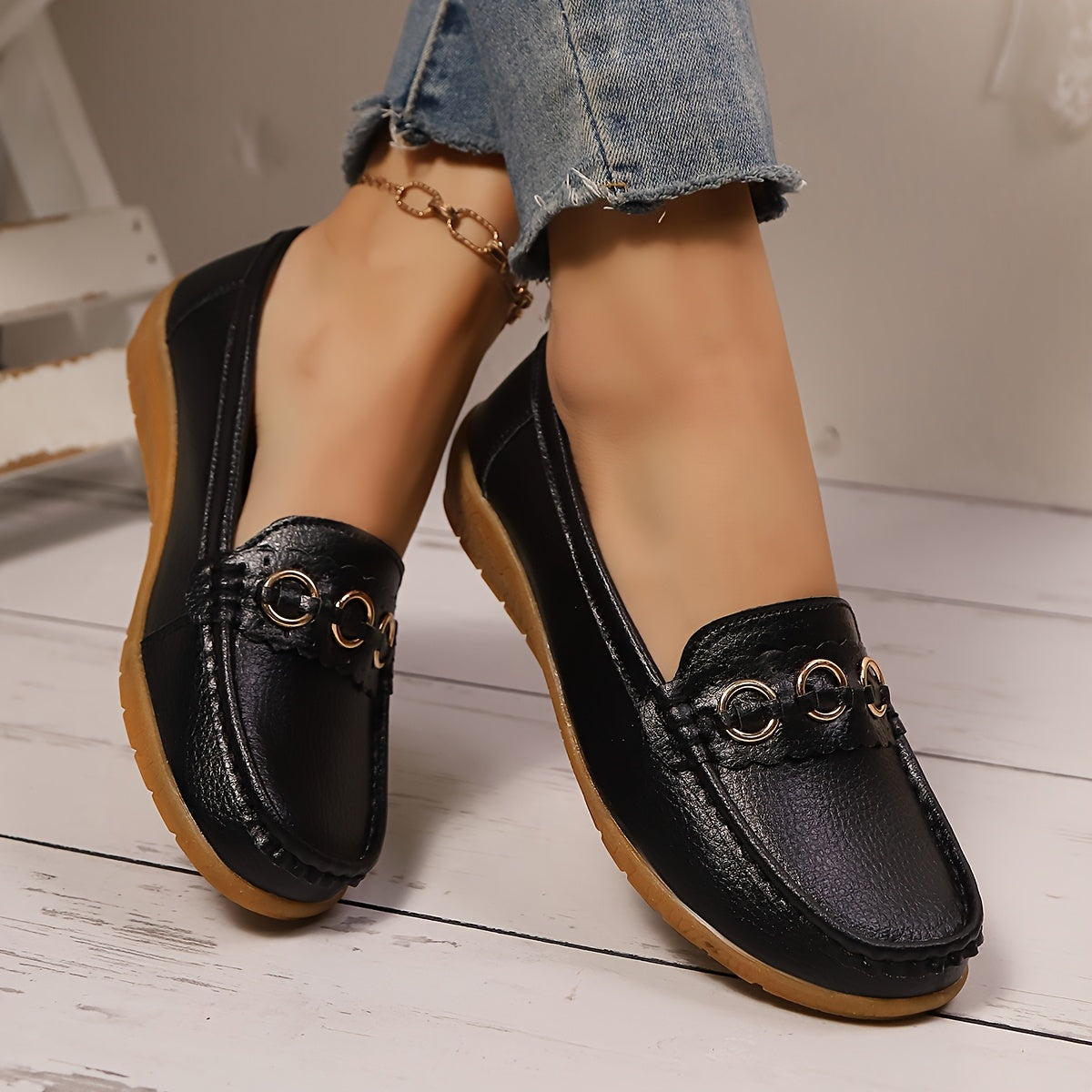 White Slip-On Loafers with Gold Accents - Casual Flat Shoes