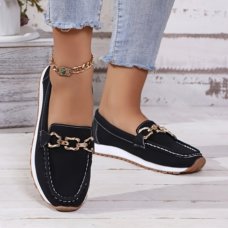 Red Faux Loafers with Gold Buckle - Slip-On Casual Flats