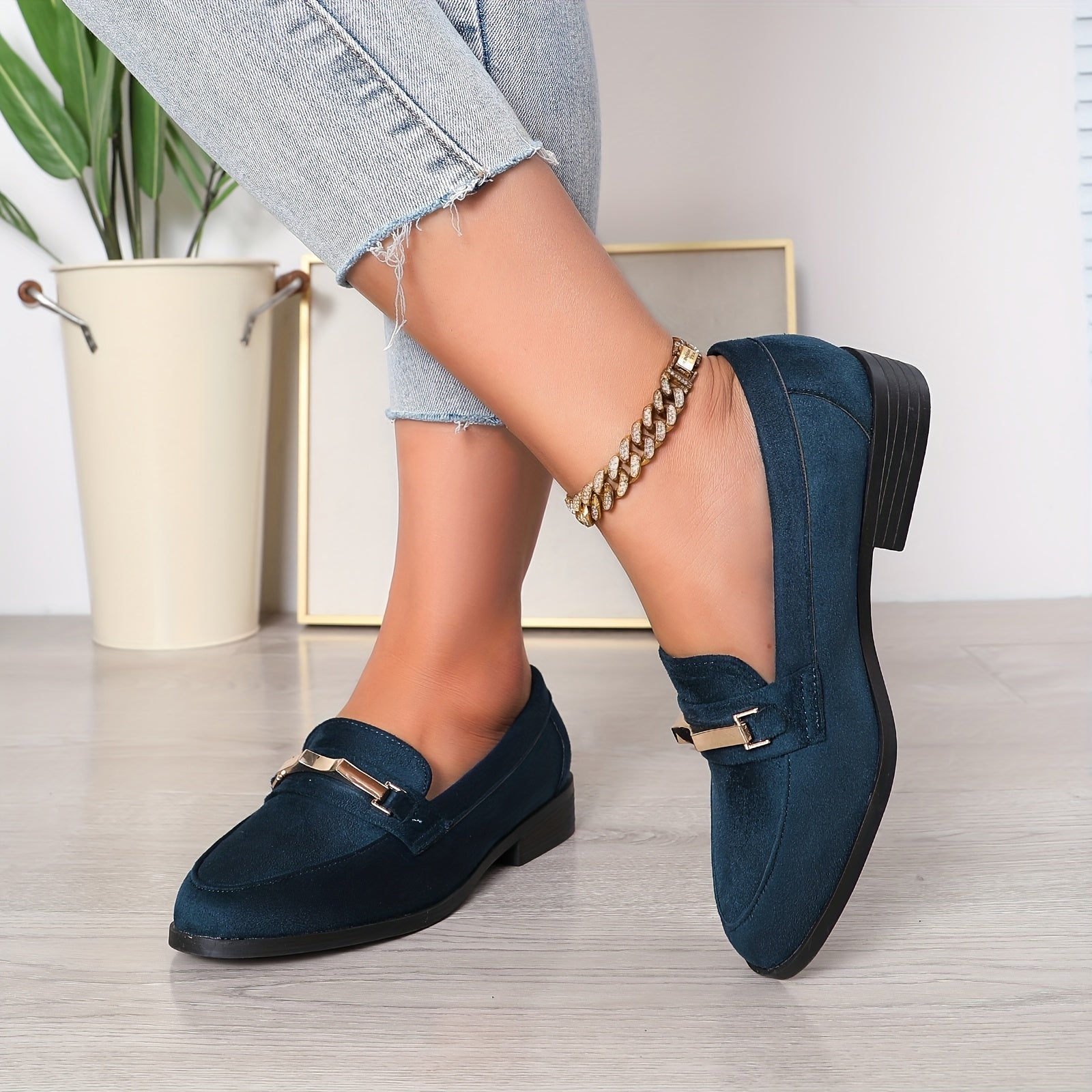 Chic Metallic Accent Women's Loafers - Breathable Slip-Ons in Solid Colors, British Style, Round Toe